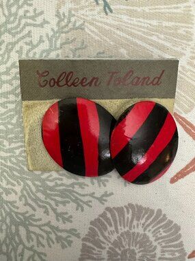 Vintage Colleen Toland Clip-On Earrings Red Black Striped Oval Resin Bold
